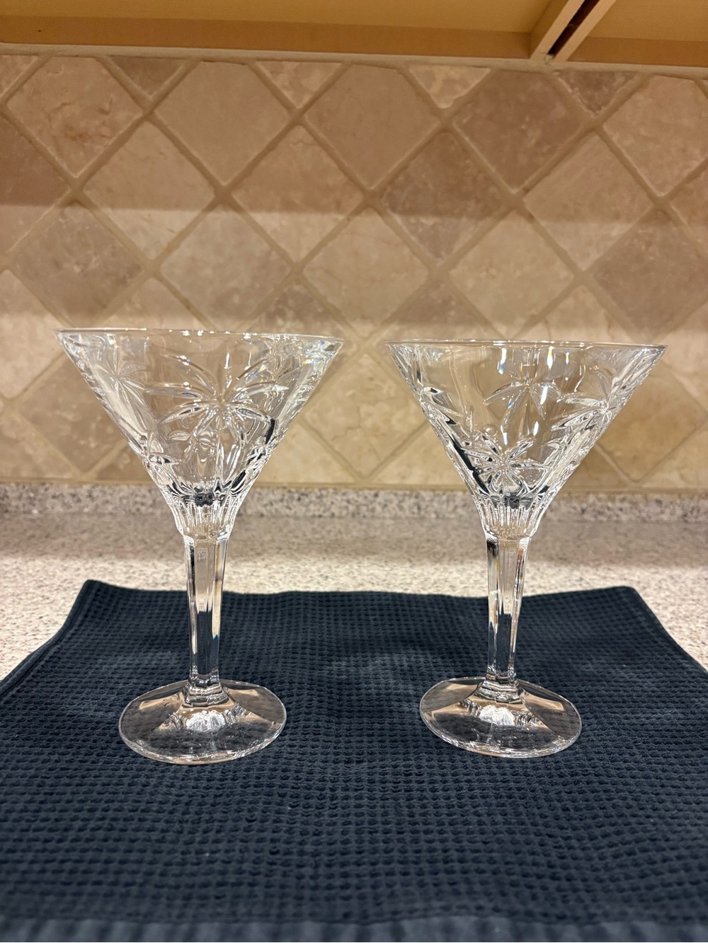 Palm Martini Glass by Godinger, etched palm and starburst. Set of 2